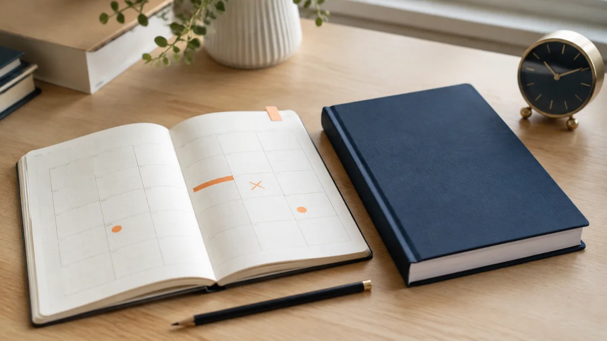 Kalender, Uhr und gebundene Abschlussarbeit als Symbolbild für die Druckplanung