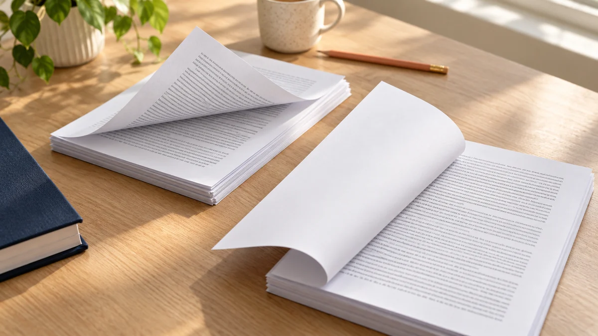 Zwei diagonal versetzte Papierstapel mit umgeschlagenen Blättern zeigen eine leere und eine bedruckte Rückseite