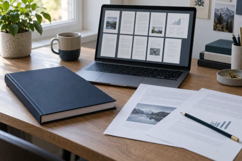 Dunkelblau gebundene Abschlussarbeit neben einem Laptop mit PDF-Seitenübersicht auf einem Schreibtisch