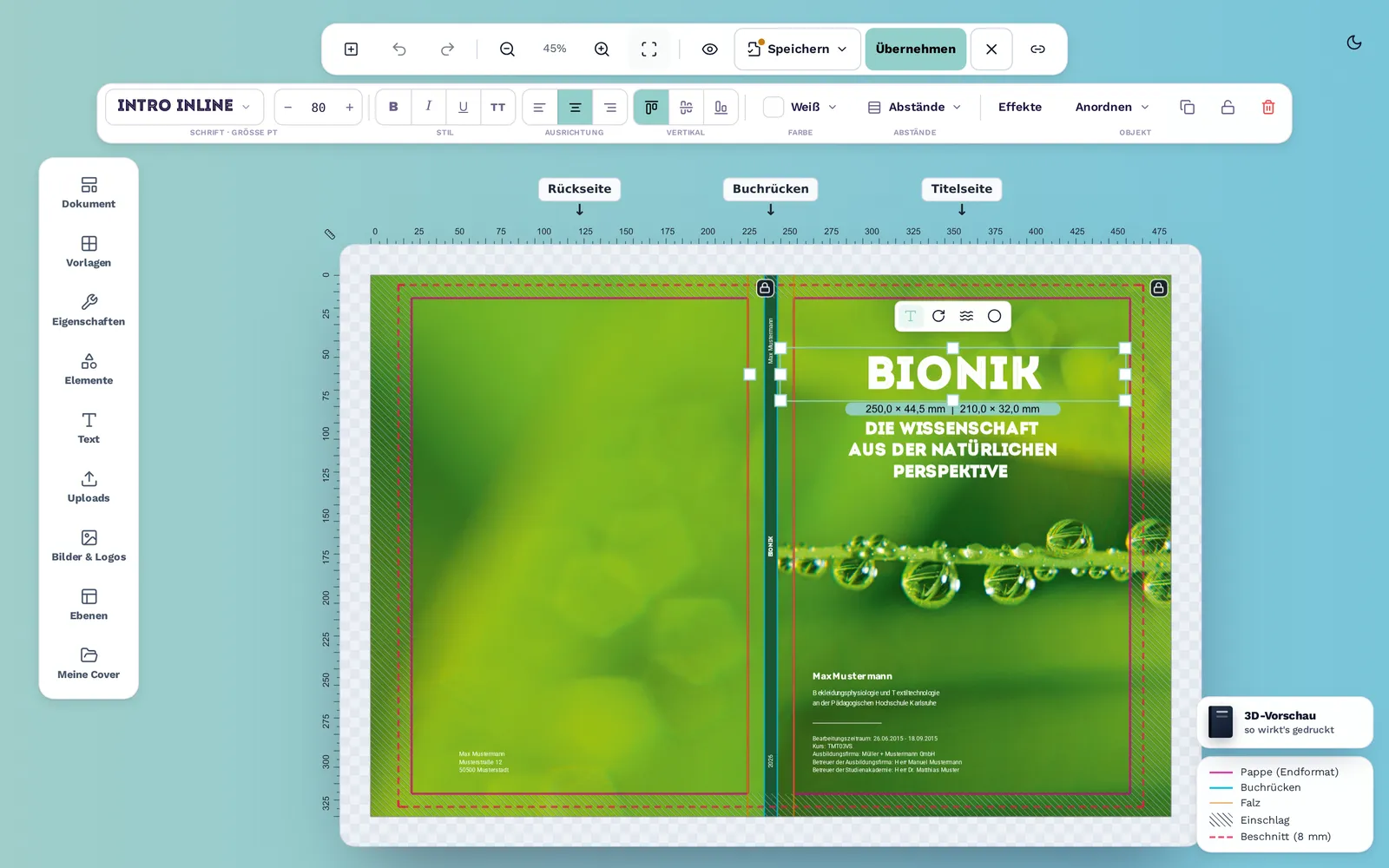 Cover-Designer mit geladener Vorlage Bionik, Titelzeile ausgewählt, Schriftleiste sichtbar