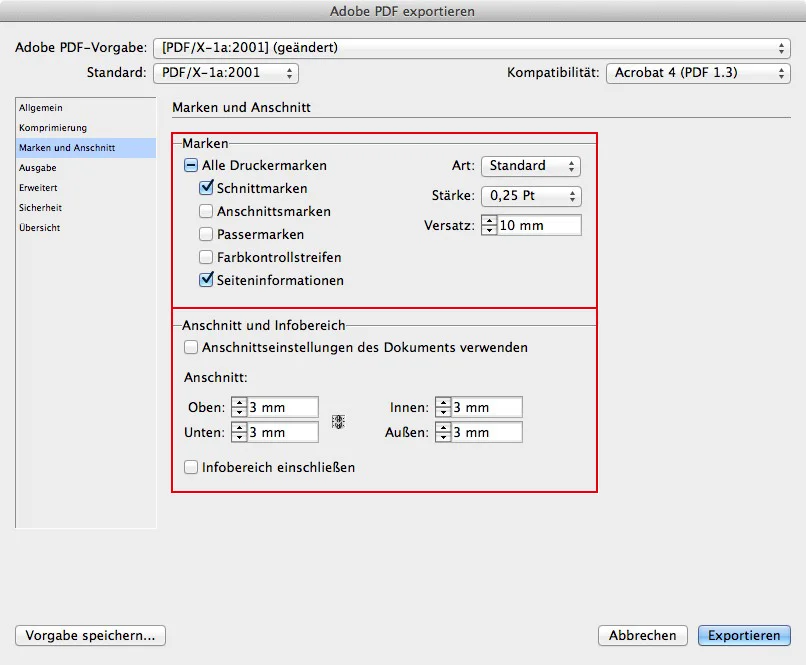 InDesign Marken und Anschnitt
